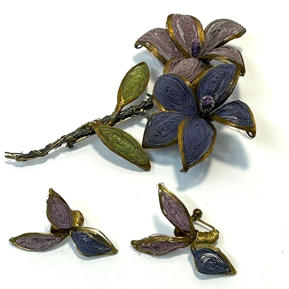 Vintage Handmade Purple Green Floral Spun Wire Brooch/Earring Set